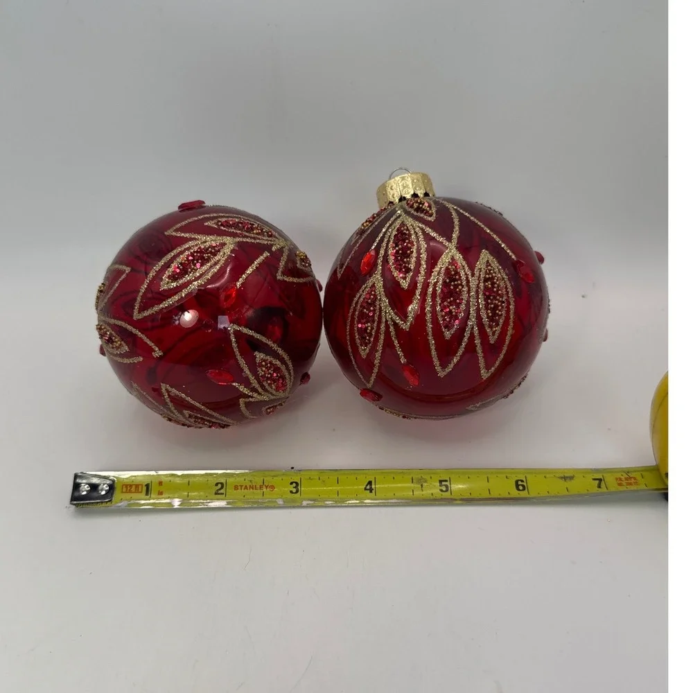 2 Red Glass Christmas Ornaments Gold Glitter Leaf Sequin Rhinestone 3 inch Round